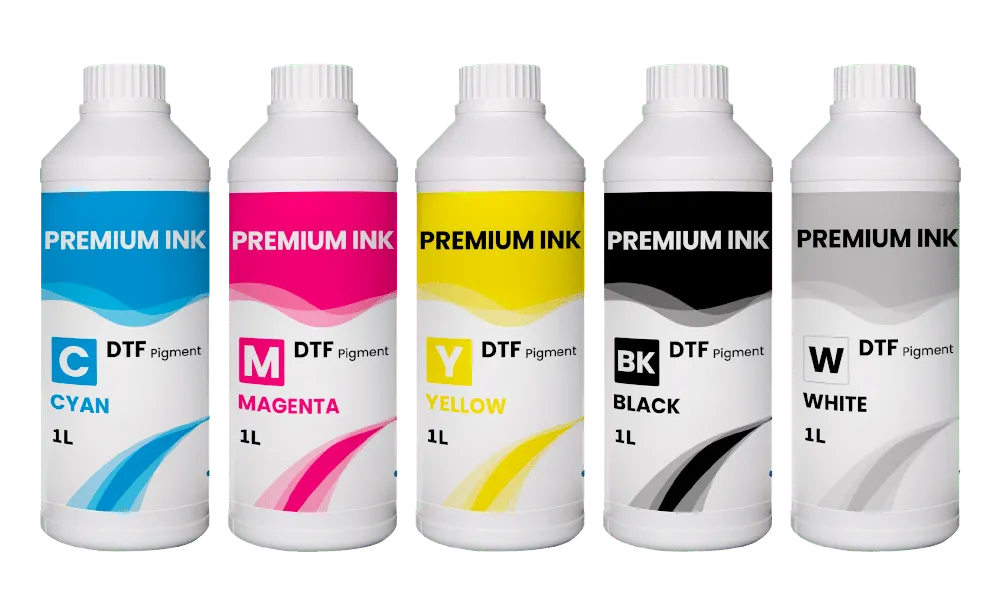 Bouteilles d'encre DTF GlopInk en cyan, magenta, jaune, noir et blanc