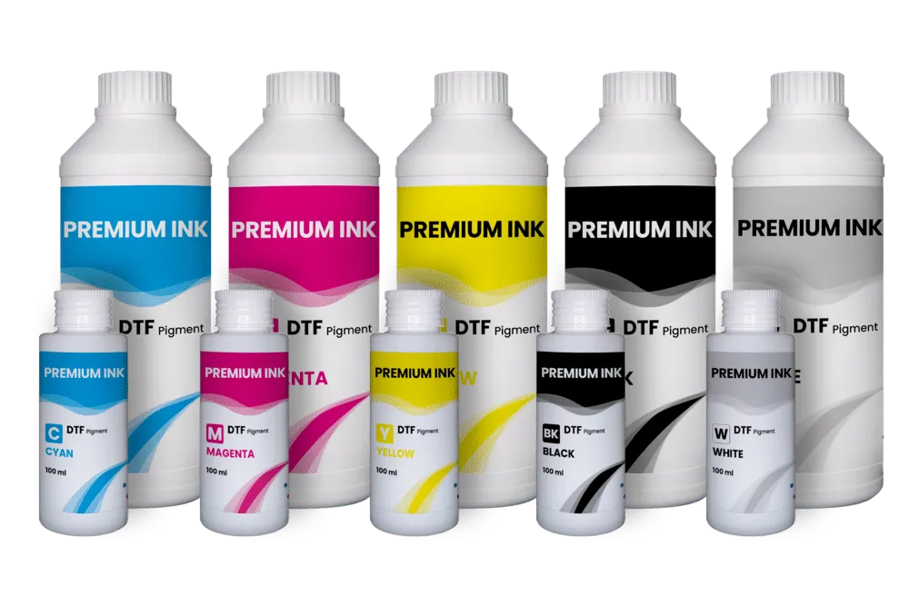 Flaschen mit GlopInk DTF-Tinte in Cyan, Magenta, Gelb, Schwarz und Weiß