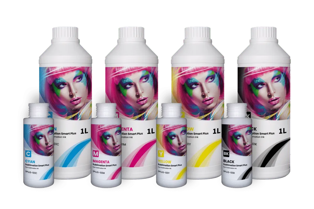 Flaschen mit GlopInk Smart Plus Sublimationstinte in Cyan, Magenta, Gelb und Schwarz